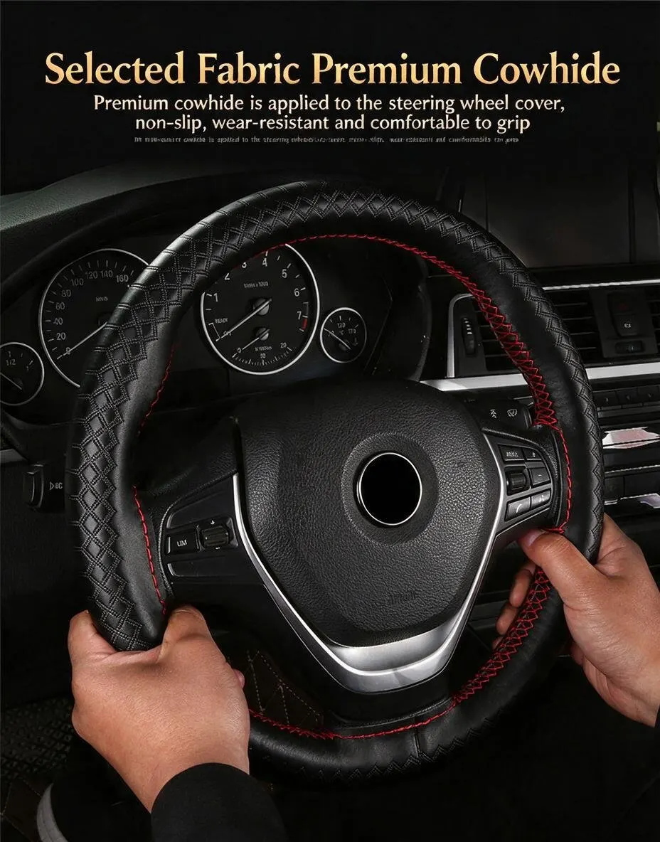 Funda de volant de cuir genuí de 38 cm cosida a mà antilliscant-5