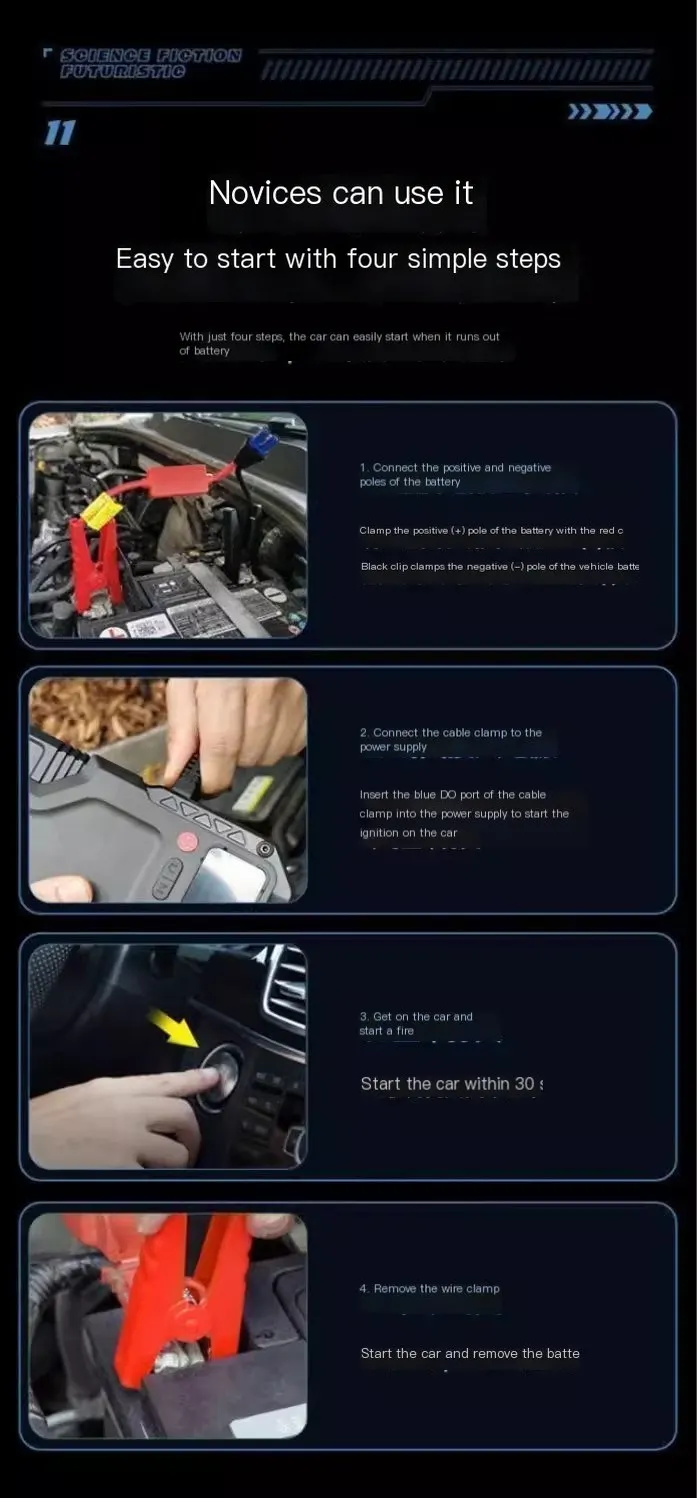 Power bank de démarrage d'urgence pour voiture avec affichage numérique, compatible avec le démarrage de la batterie, gonfleur de pneus, pompe à air et chargeur portable.-17