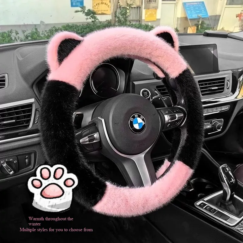 WeiXing Housse de volant auto en peluche épaisse pour automne-hiver, sans anneau intérieur | Design mignon avec oreilles de panda, housse de volant chauffante universelle