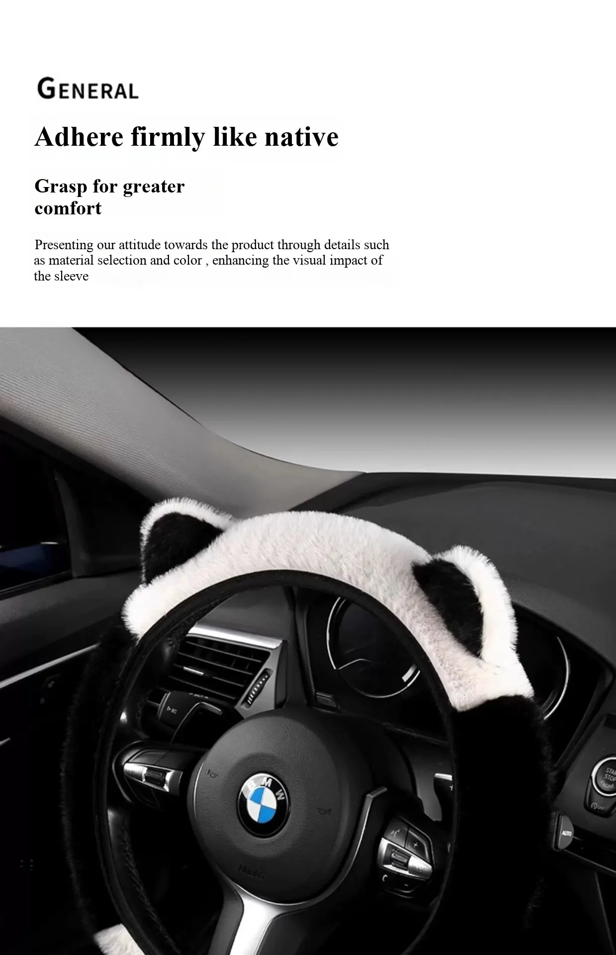 WeiXing Housse de volant auto épaisse en peluche pour automne-hiver, sans anneau intérieur | Design amusant d'oreilles de panda, housse de volant chauffante universelle-9