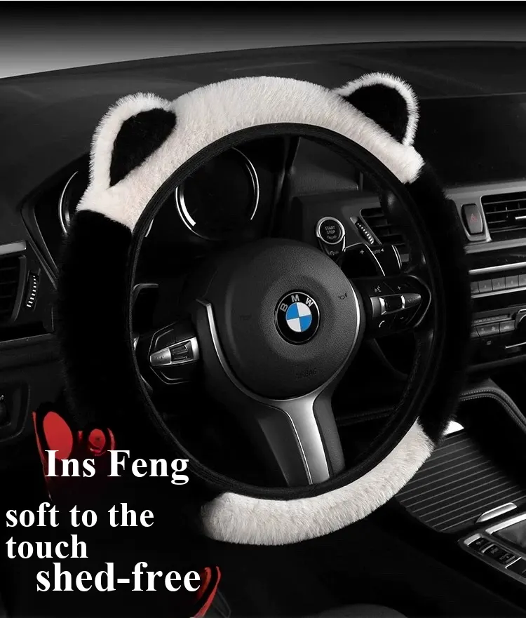 WeiXing Housse de volant auto en peluche épaisse pour automne-hiver, sans anneau intérieur | Design mignon avec oreilles de panda, housse de volant chauffante universelle