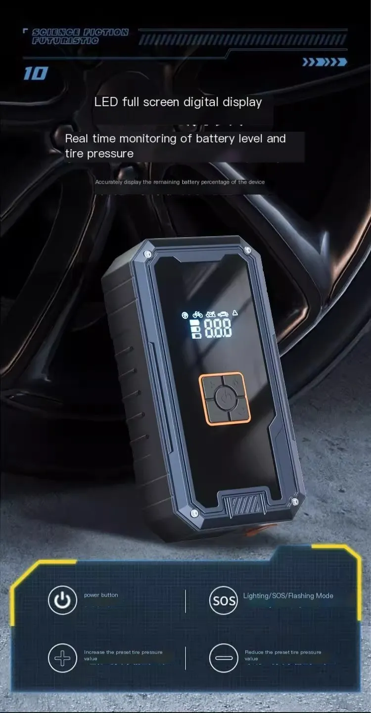 Power bank de démarrage d'urgence pour voiture avec affichage numérique, compatible avec le démarrage de la batterie, gonfleur de pneus, pompe à air et chargeur portable.-16