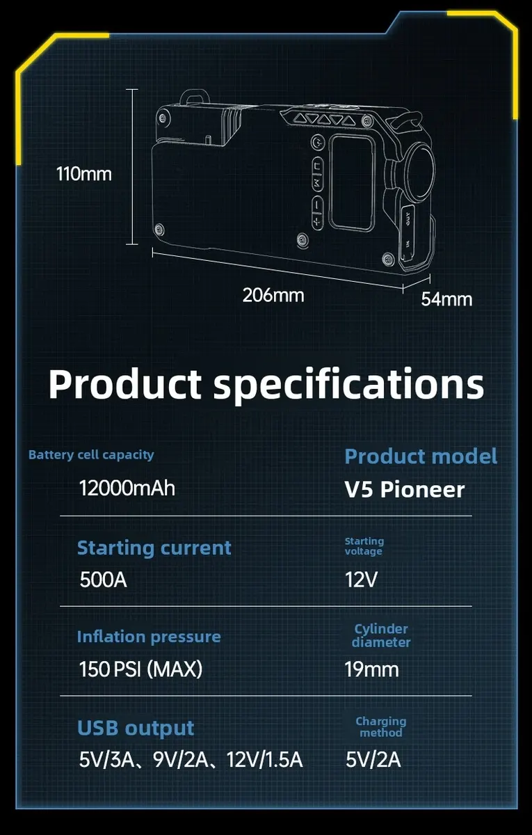 Démarreur portatif avec gonfleur de pneus 1000A crête 12000mAh banque d'alimentation-19