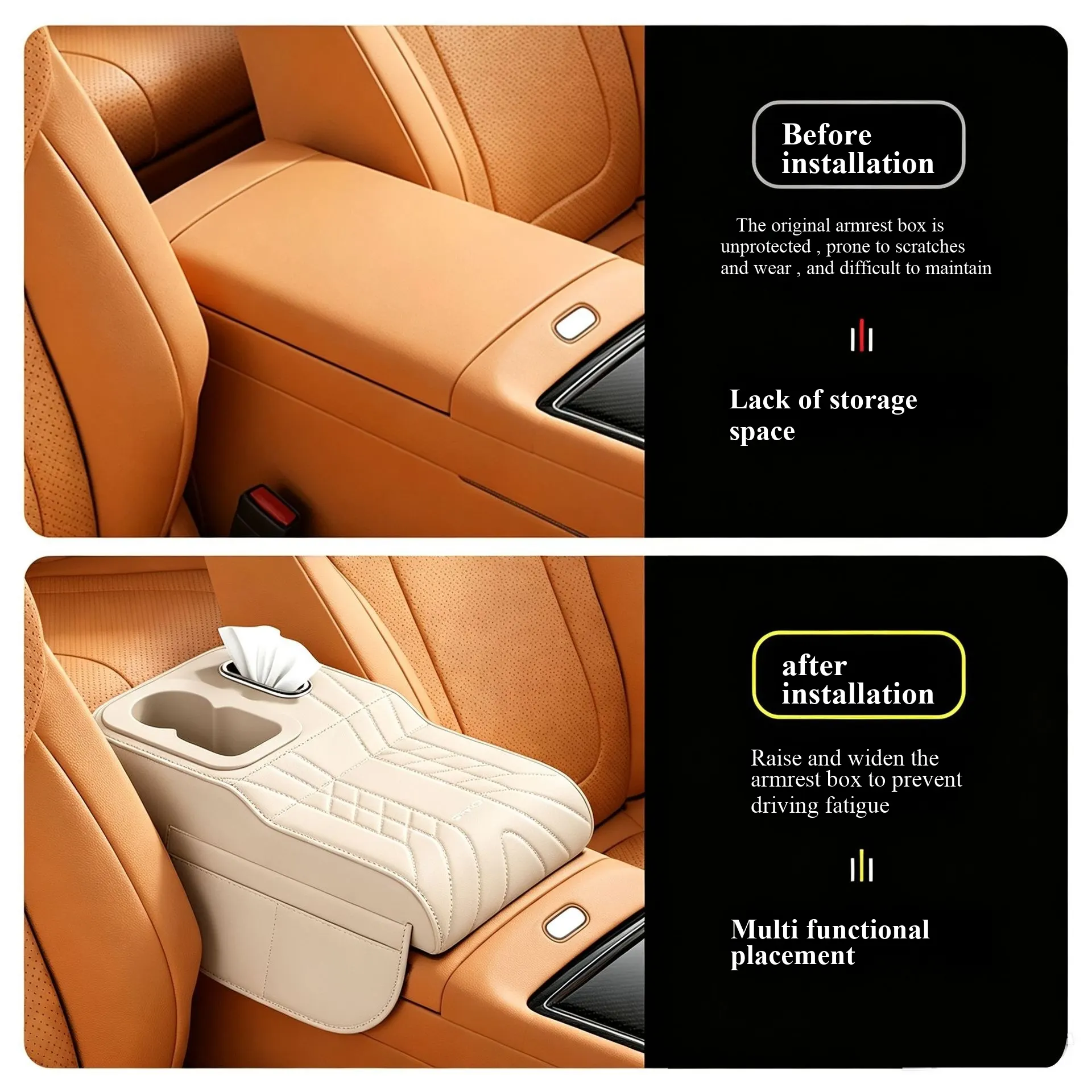 Elevación de apoyabrazos de cuero con patrón Napa de nivel de automóvil de lujo | Extensión de consola central integrada con portavasos multifuncional y almacenamiento