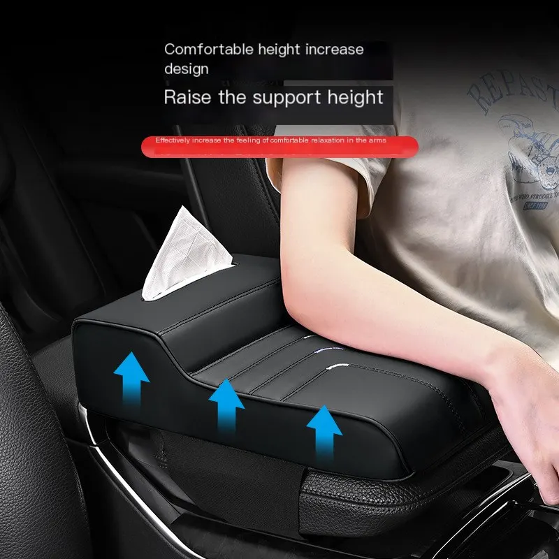 Coussin d'accoudoir de voiture avec boîte à mouchoirs, en cuir antidérapant, compatible avec tous les modèles de véhicules universels, mousse à mémoire de forme respirante pour voiture.