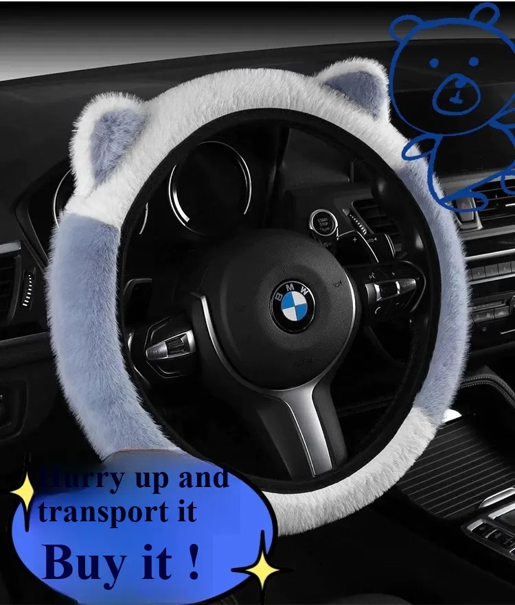WeiXing Housse de volant auto en peluche épaisse pour automne-hiver, sans anneau intérieur | Design mignon avec oreilles de panda, housse de volant chauffante universelle