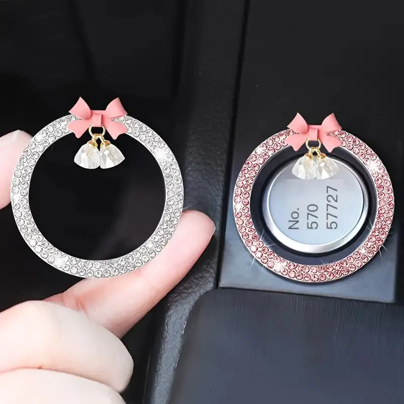 Anneau de démarrage à une touche pour voiture, décoration intérieure tendance avec nœud papillon en strass, pendentif cloche en cristal, cercle d'allumage pour femme.