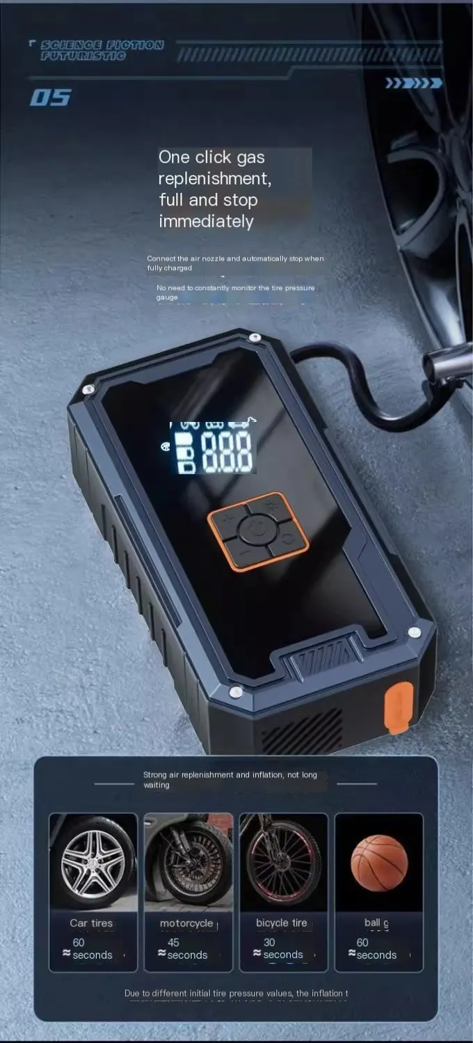 Power bank de démarrage d'urgence pour voiture avec affichage numérique, compatible avec le démarrage de la batterie, gonfleur de pneus, pompe à air et chargeur portable.-11