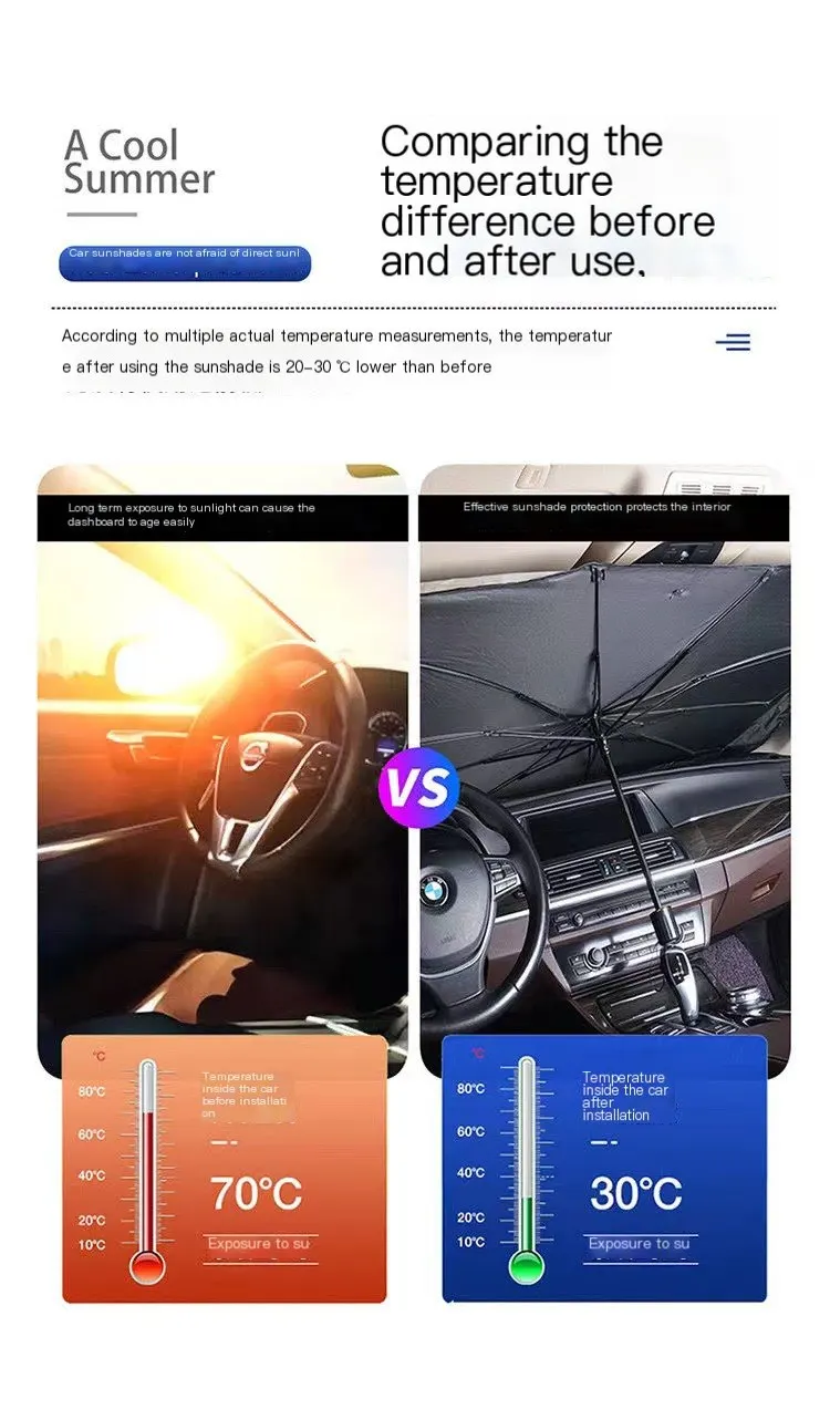 Parapluie pare-soleil pour voiture, isolation thermique et protection solaire pour pare-brise avant, tissu de protection solaire pliable pour voiture, rideau de protection solaire extensible-8