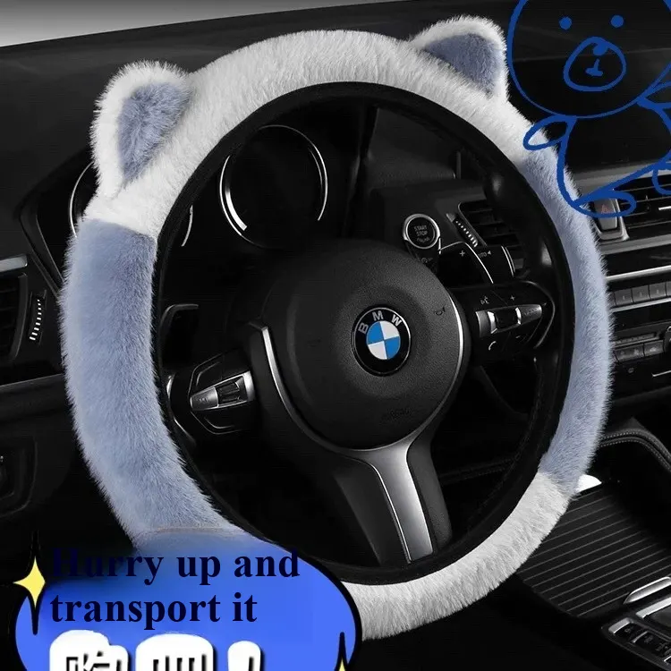 WeiXing Housse de volant auto en peluche épaisse pour automne-hiver, sans anneau intérieur | Design mignon avec oreilles de panda, housse de volant chauffante universelle