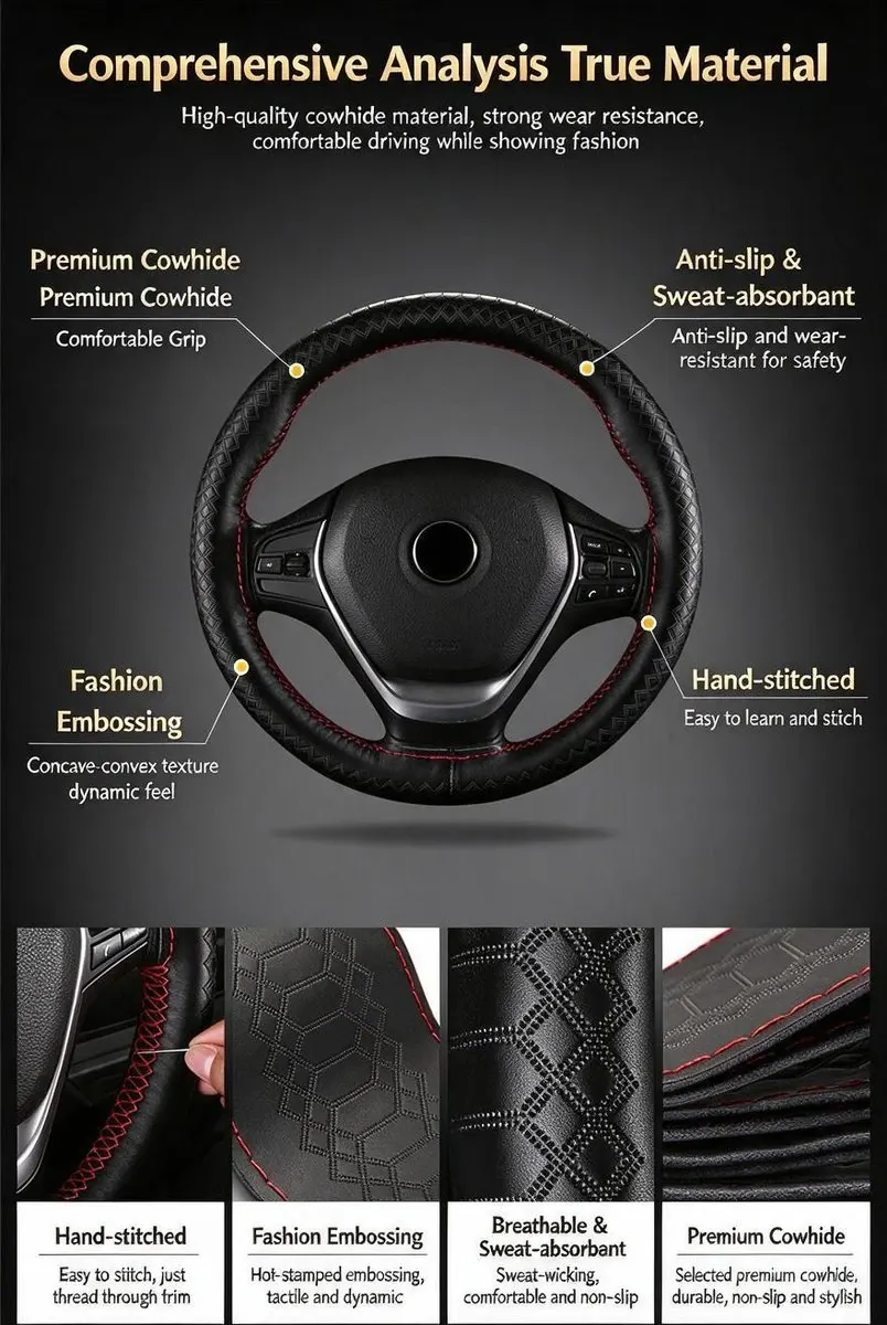 Funda de volant de cuir genuí de 38 cm cosida a mà antilliscant-4