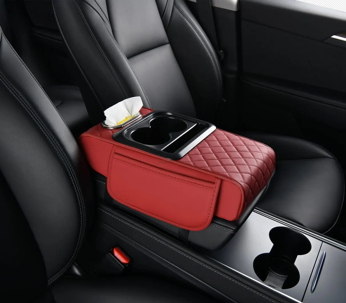 Funda de consola central para automóvil, organizador universal, caja de pañuelos para vehículo, soporte para vasos, elevador multifuncional 4 en 1.-5