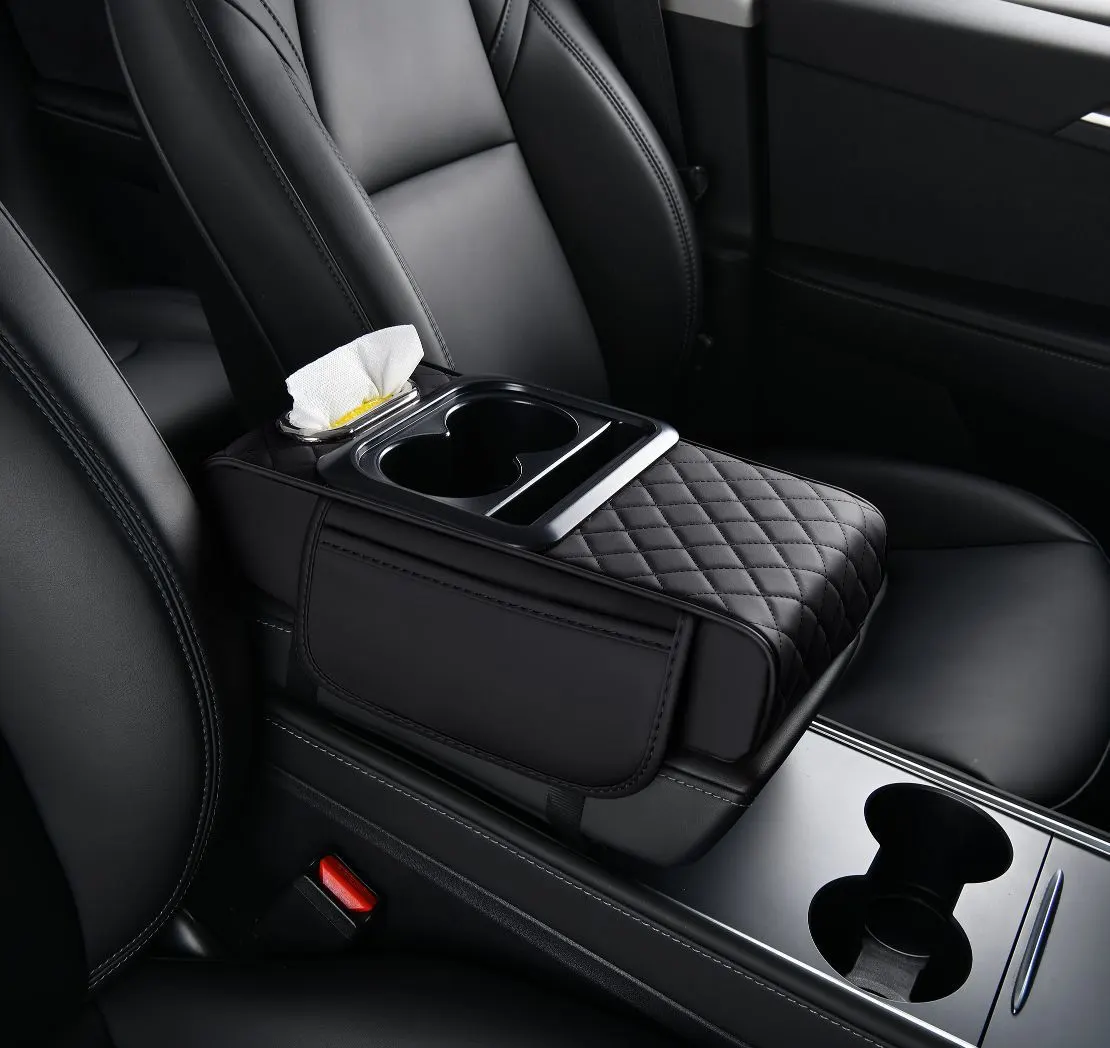 Funda de consola central para automóvil, organizador universal, caja de pañuelos para vehículo, soporte para vasos, elevador multifuncional 4 en 1.-6