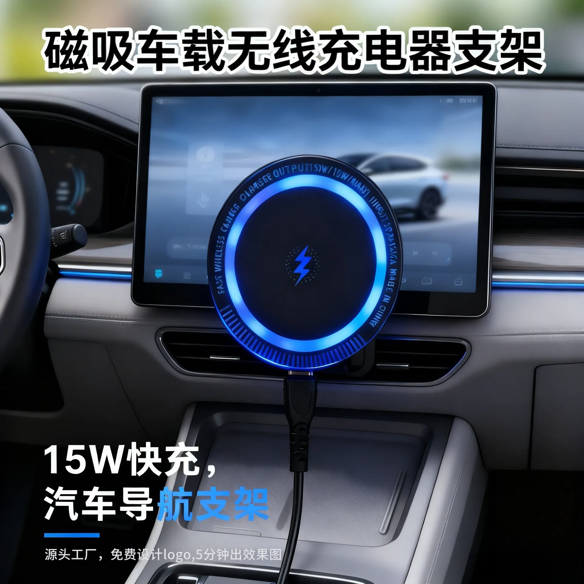 Carregador sense fil magnètic circular lluminós per a cotxe, 15W, suport per a telèfon intel·ligent de càrrega ràpida, compatible amb Apple i Android.-3