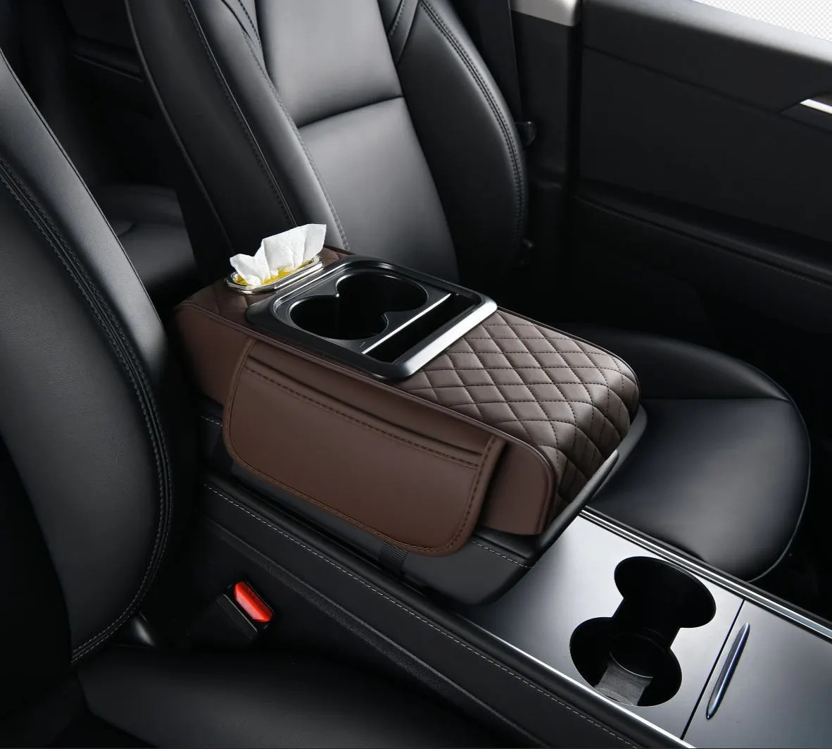 Funda de consola central para automóvil, organizador universal, caja de pañuelos para vehículo, soporte para vasos, elevador multifuncional 4 en 1.-2