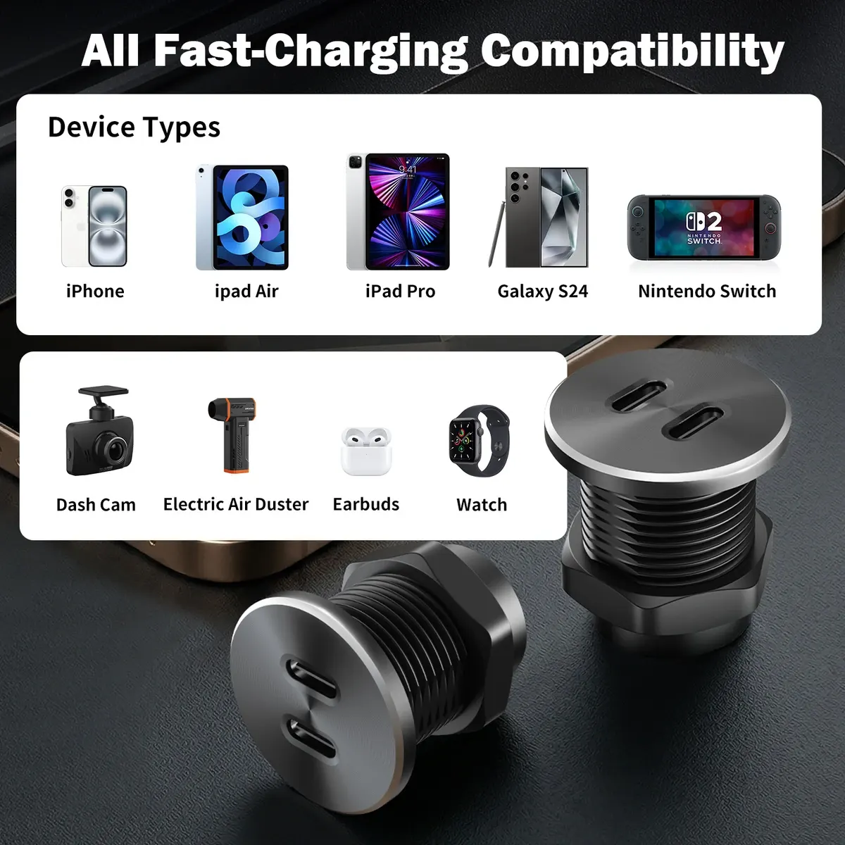 30W Dual Port QC3.0 Schnellladegerät für Auto Aluminiumlegierung USB Typ C Adapter-6