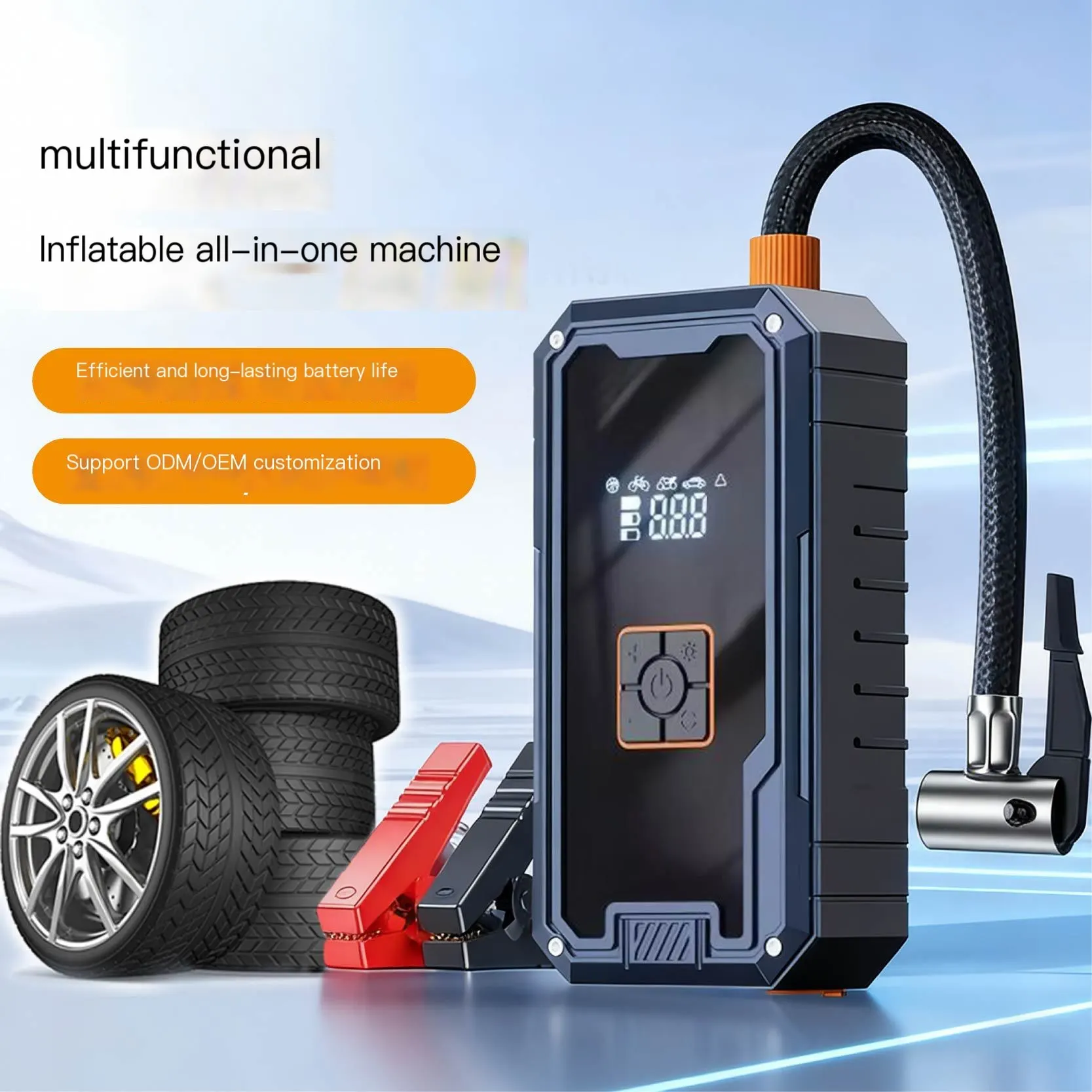 Power bank de démarrage d'urgence pour voiture avec affichage numérique, adapté au démarrage de batterie, gonfleur et pompe à air.