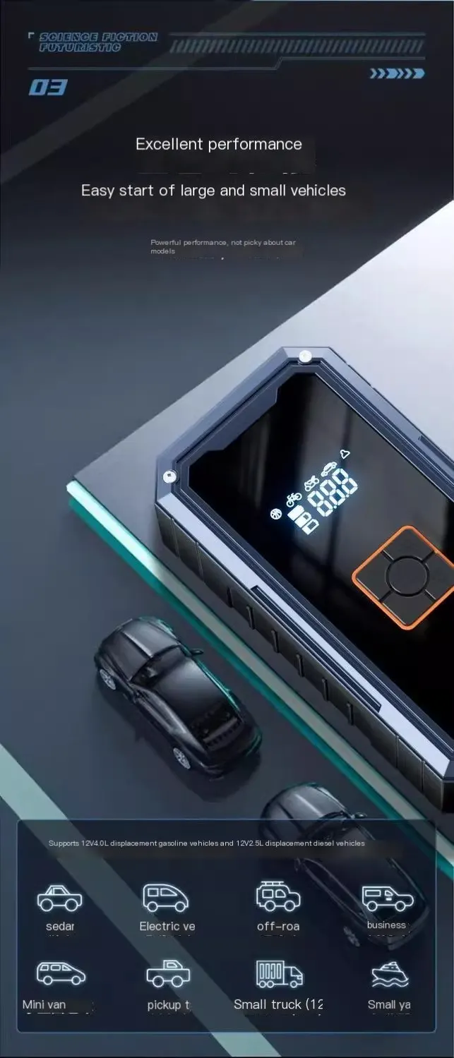 Power bank de démarrage d'urgence pour voiture avec affichage numérique, compatible avec le démarrage de la batterie, gonfleur de pneus, pompe à air et chargeur portable.-9