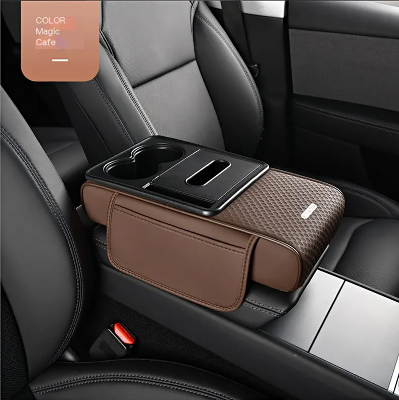 Suport de braț auto transversal, versiune nouă, pernă de înălțare pentru consola centrală, husă multifuncțională pentru mașină, cutie de depozitare pentru șervețele, din piele-25