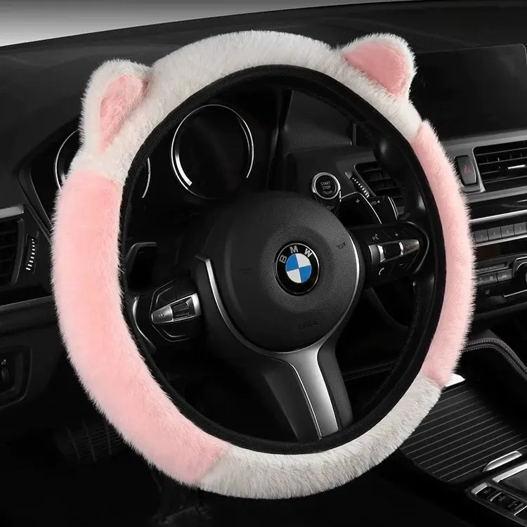 WeiXing Housse de volant auto en peluche épaisse pour automne-hiver, sans anneau intérieur | Design mignon avec oreilles de panda, housse de volant chauffante universelle