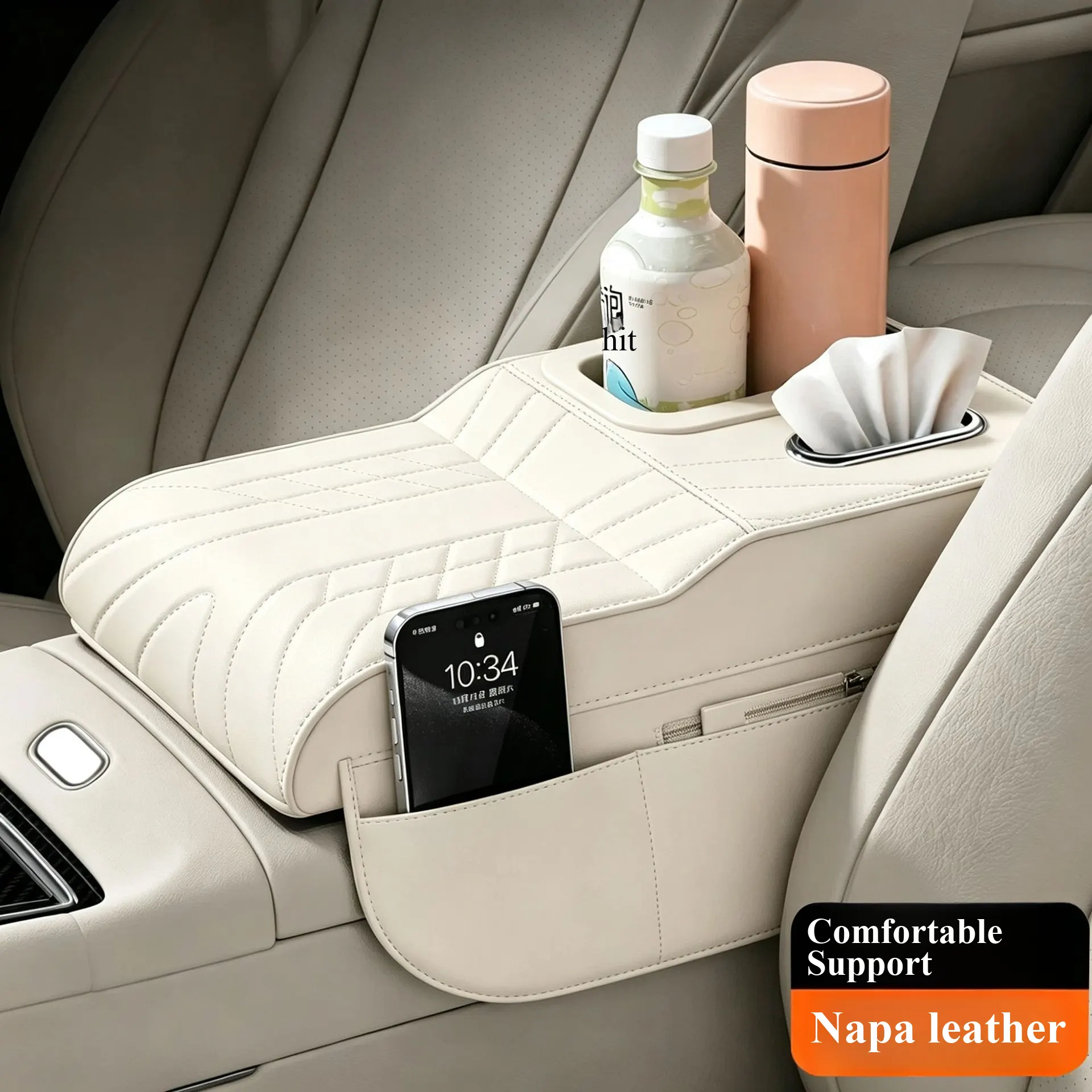 Elevación de apoyabrazos de cuero con patrón Napa de nivel de automóvil de lujo | Extensión de consola central integrada con portavasos multifuncional y almacenamiento