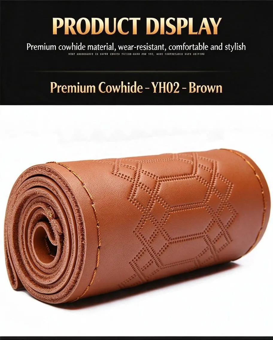 Funda de volant de cuir genuí de 38 cm cosida a mà antilliscant-9