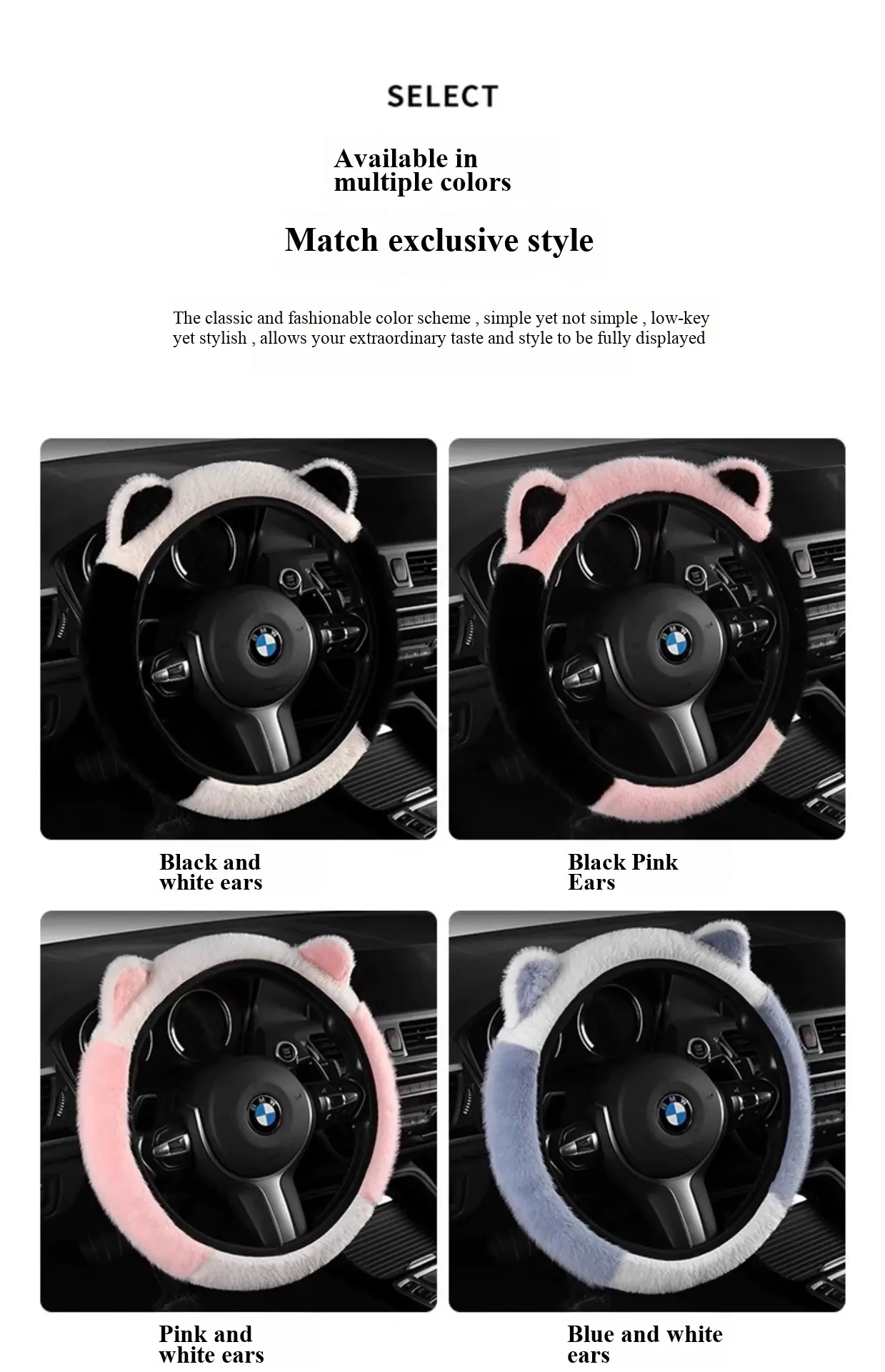 WeiXing Housse de volant auto épaisse en peluche pour automne-hiver, sans anneau intérieur | Design amusant d'oreilles de panda, housse de volant chauffante universelle-4