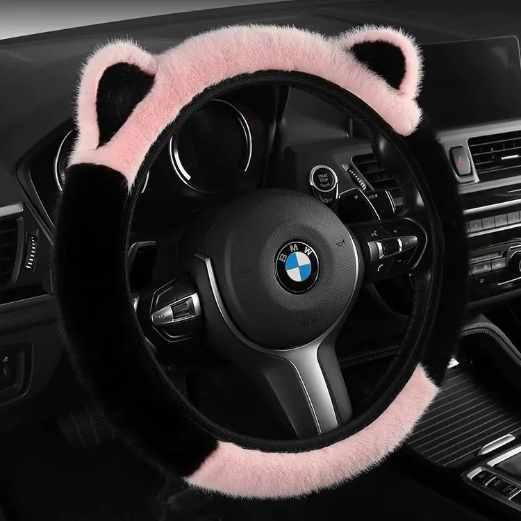 WeiXing Housse de volant auto en peluche épaisse pour automne-hiver, sans anneau intérieur | Design mignon avec oreilles de panda, housse de volant chauffante universelle