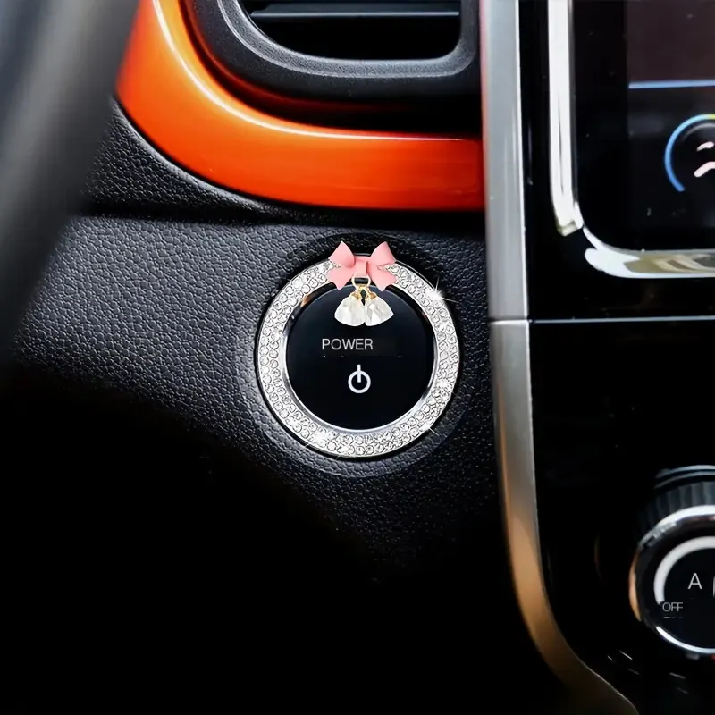 Anneau de démarrage à une touche pour voiture, décoration intérieure tendance avec nœud papillon en strass, pendentif cloche en cristal, cercle d'allumage pour femme.