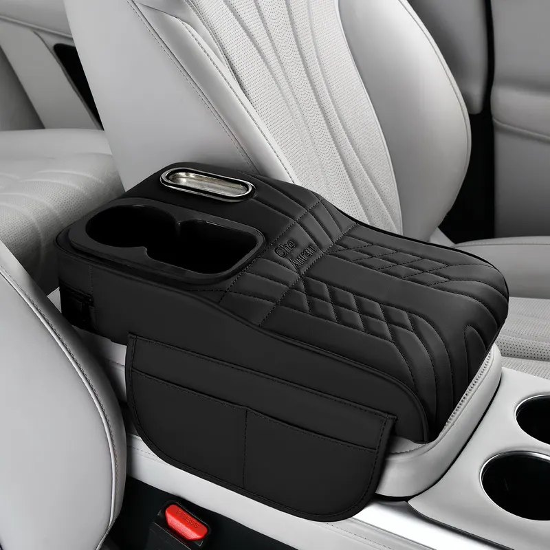 Elevación de apoyabrazos de cuero con patrón Napa de nivel de automóvil de lujo | Extensión de consola central integrada con portavasos multifuncional y almacenamiento