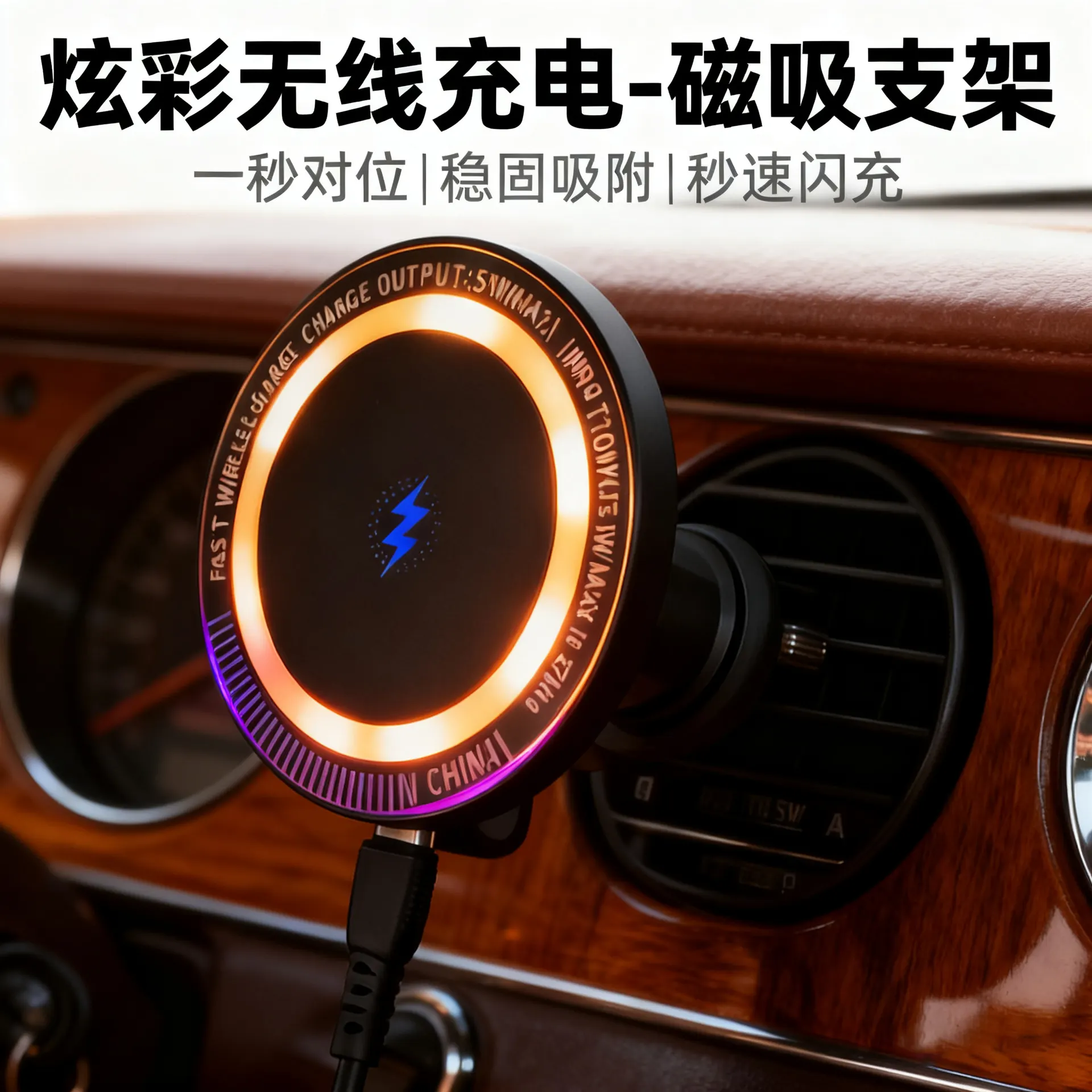 Carregador sense fil magnètic circular lluminós per a cotxe, 15W, suport per a telèfon intel·ligent de càrrega ràpida, compatible amb Apple i Android.-4
