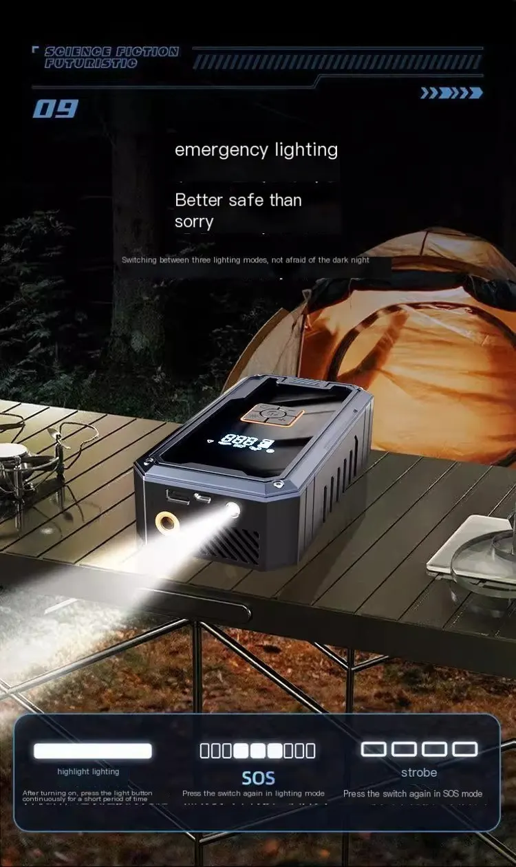 Power bank de démarrage d'urgence pour voiture avec affichage numérique, compatible avec le démarrage de la batterie, gonfleur de pneus, pompe à air et chargeur portable.-15
