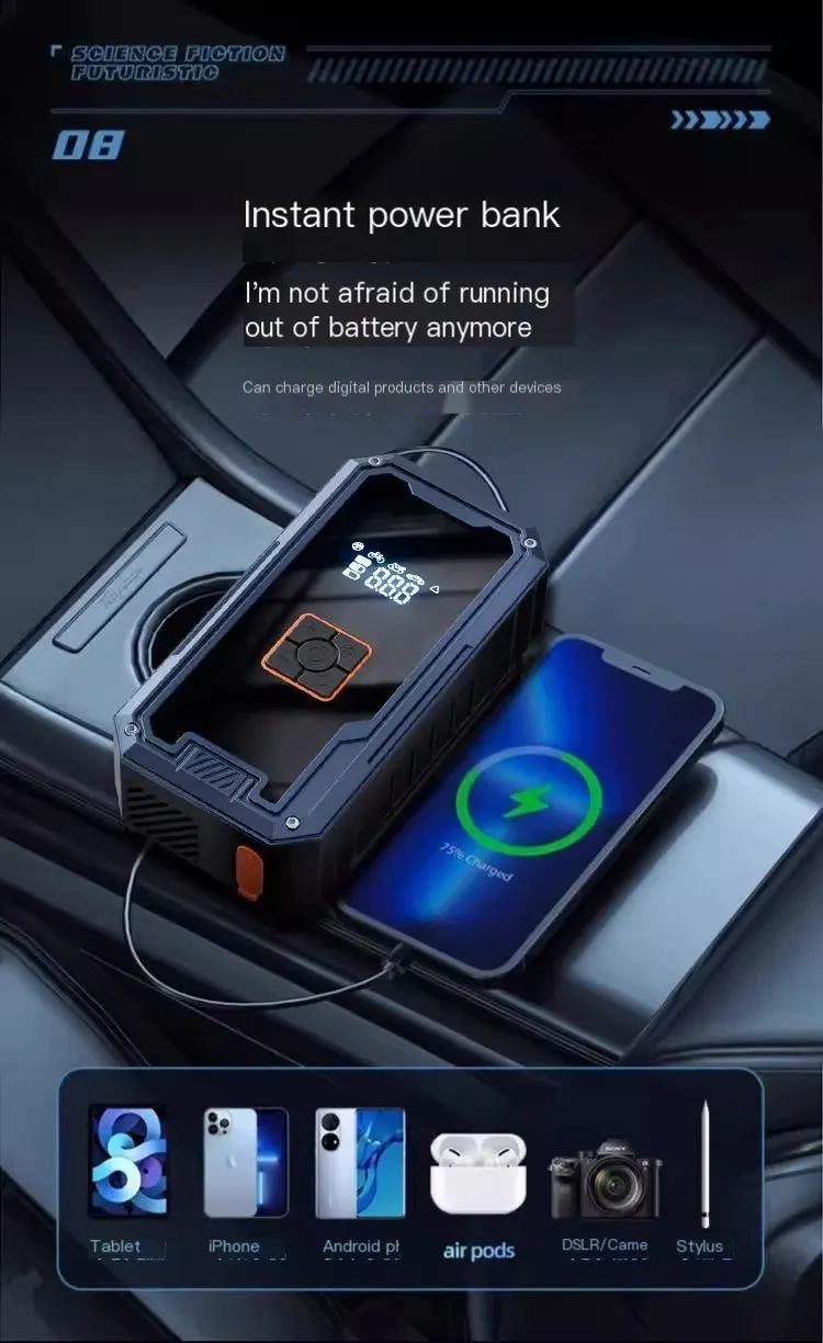 Power bank de démarrage d'urgence pour voiture avec affichage numérique, compatible avec le démarrage de la batterie, gonfleur de pneus, pompe à air et chargeur portable.-14