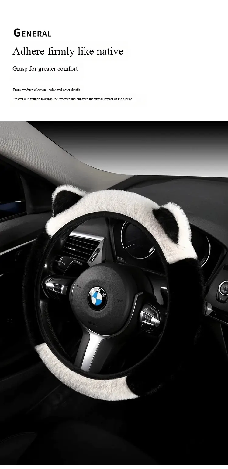 WeiXing Housse de volant auto épaisse en peluche pour automne-hiver, sans anneau intérieur | Design amusant d'oreilles de panda, housse de volant chauffante universelle-7