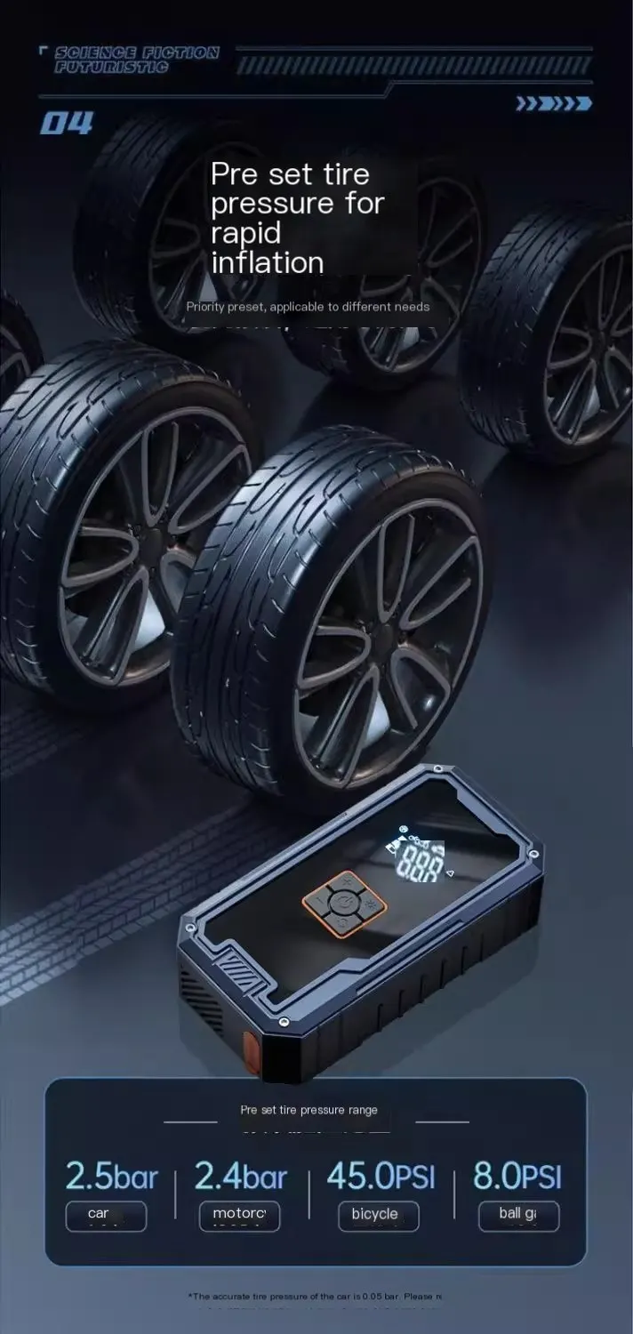 Power bank de démarrage d'urgence pour voiture avec affichage numérique, compatible avec le démarrage de la batterie, gonfleur de pneus, pompe à air et chargeur portable.-10