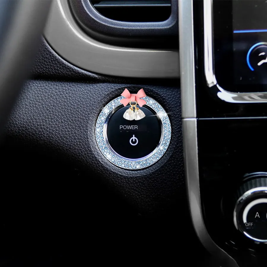 Anneau de démarrage automatique pour voiture, décoration intérieure tendance avec nœud papillon en cristal et cloche pendentif, cercle d'allumage pour femme-5