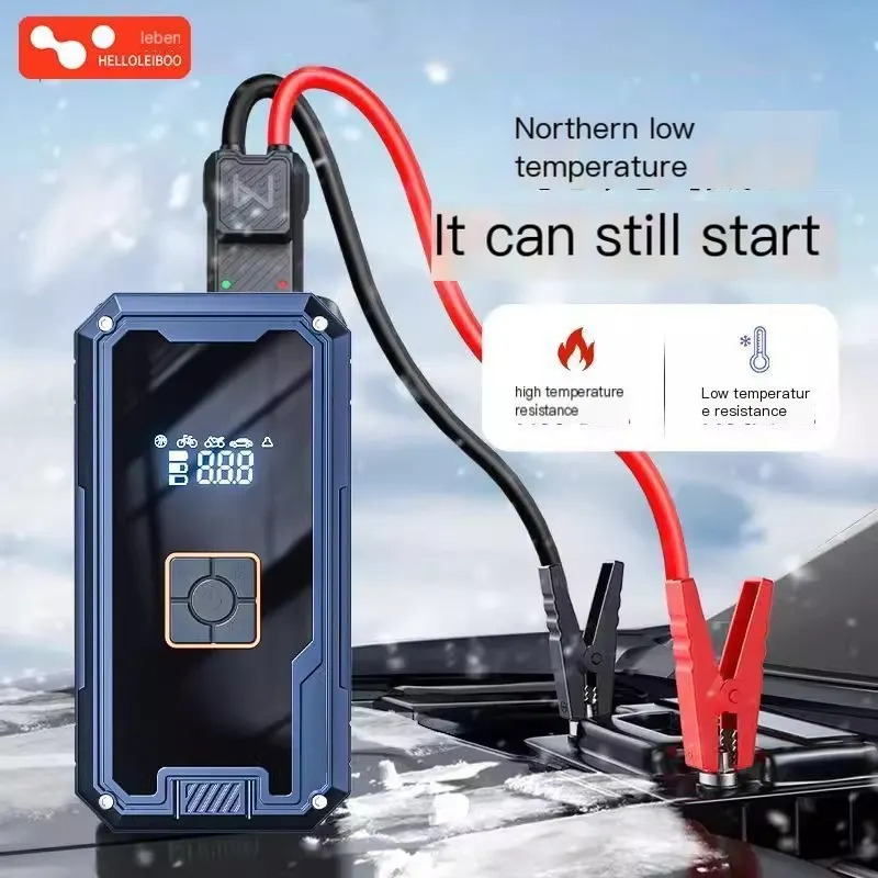 Power bank de démarrage d'urgence pour voiture avec affichage numérique, adapté au démarrage de batterie, gonfleur et pompe à air.