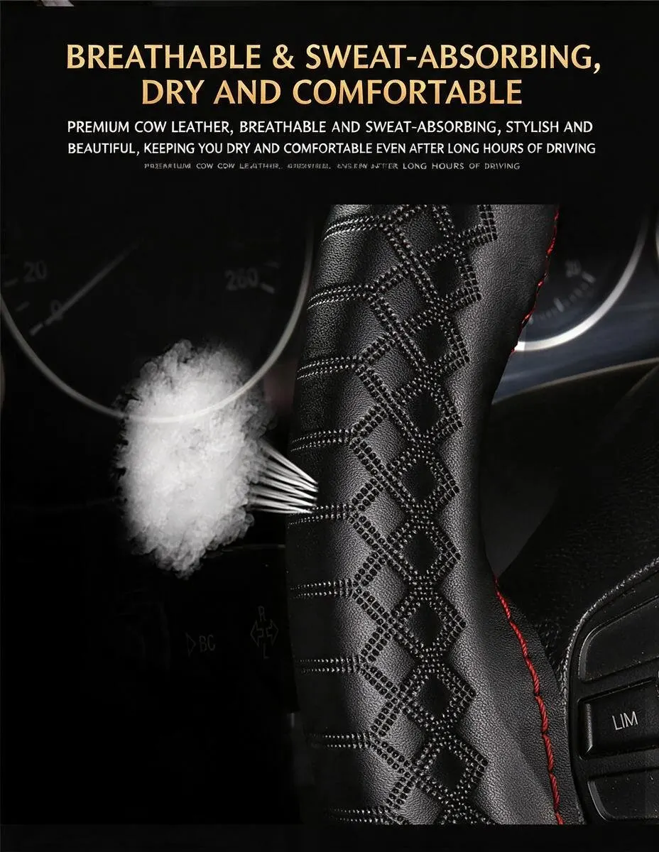 Funda de volant de cuir genuí de 38 cm cosida a mà antilliscant-6