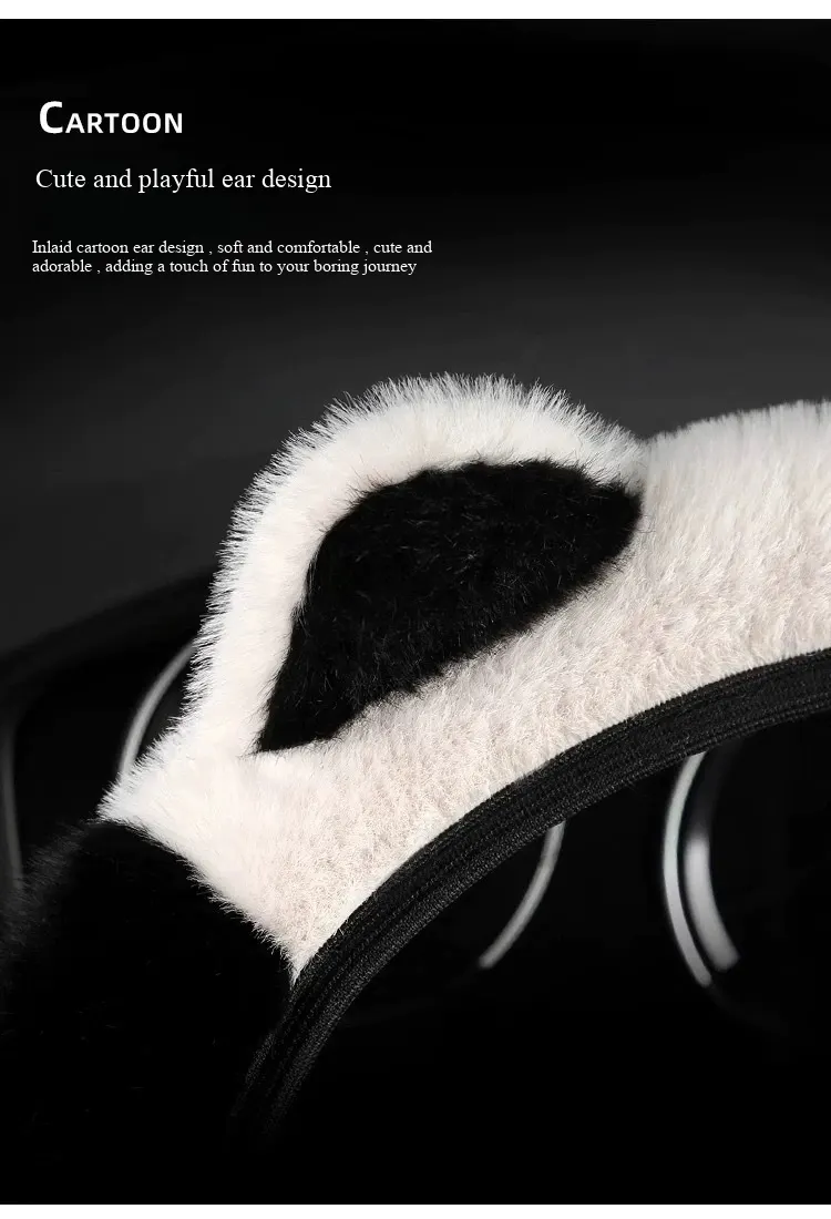 WeiXing Housse de volant auto épaisse en peluche pour automne-hiver, sans anneau intérieur | Design amusant d'oreilles de panda, housse de volant chauffante universelle-5
