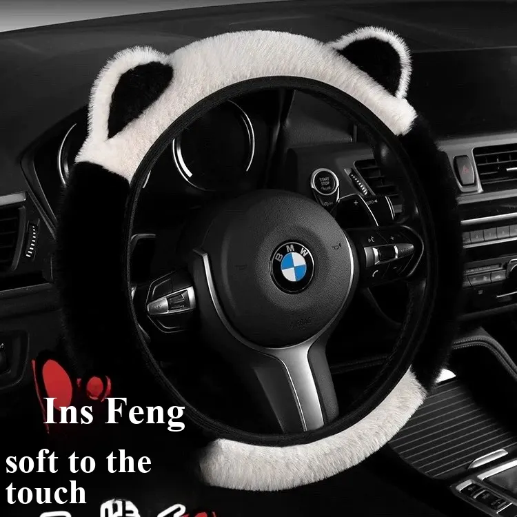 WeiXing Housse de volant auto en peluche épaisse pour automne-hiver, sans anneau intérieur | Design mignon avec oreilles de panda, housse de volant chauffante universelle