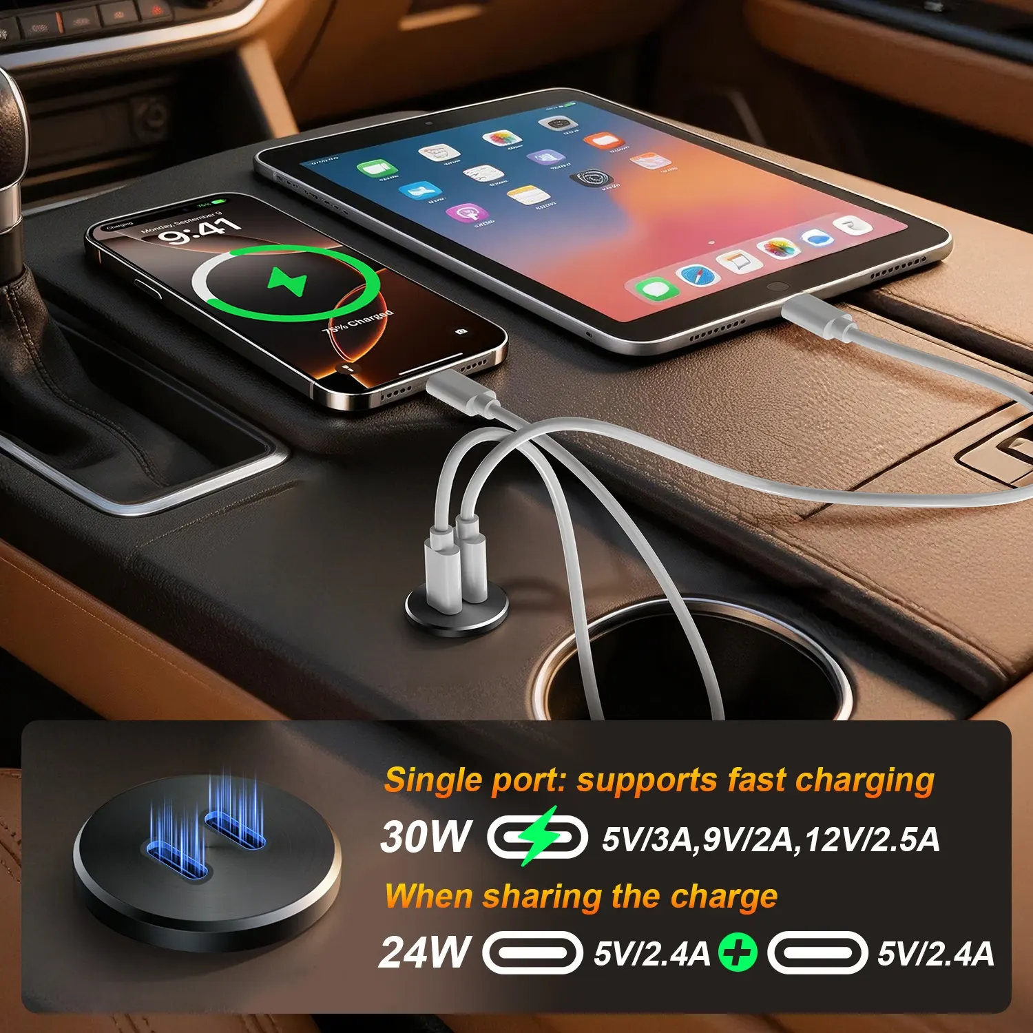 30W Dual Port QC3.0 Schnellladegerät für Auto Aluminiumlegierung USB Typ C Adapter