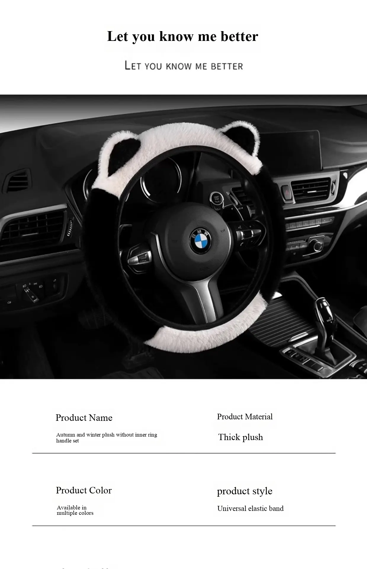 WeiXing Housse de volant auto épaisse en peluche pour automne-hiver, sans anneau intérieur | Design amusant d'oreilles de panda, housse de volant chauffante universelle-2