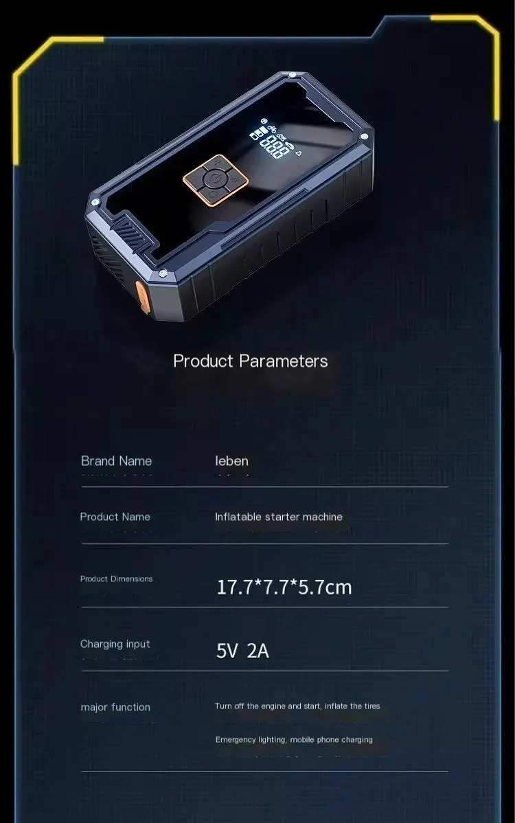 Power bank de démarrage d'urgence pour voiture avec affichage numérique, compatible avec le démarrage de la batterie, gonfleur de pneus, pompe à air et chargeur portable.-18