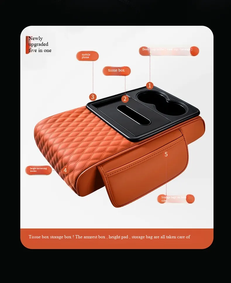 Elevación multifuncional 5 en 1 para apoyabrazos de automóvil | Sistema de soporte ergonómico y almacenamiento inteligente-5